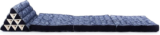 Leewadee - Comfortable Japanese Floor Mattress - Thai Floor Bed with Triangle Cushion - Futon Mattress - Thai Massage Mat, 67 x 21 inches, Blue White, Kapok Filling