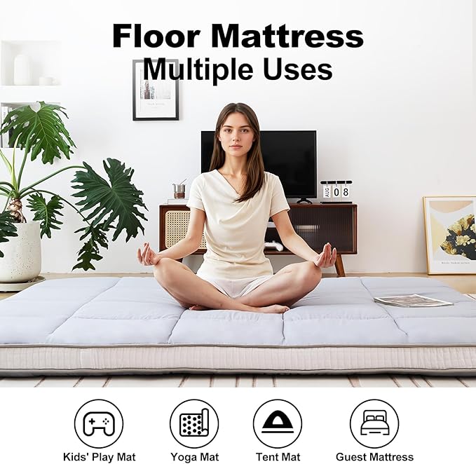 Tiita Floor Mattress Memory Foam Mattress Topper, 4" Thicken Futon Mattress with Storage Bag and 2 Straps, Portable Roll Up Travel Car Camping Mattress Sleeping Pad Full Size, Grey