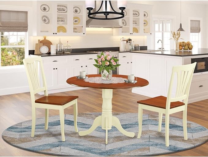 East West Furniture DLAV3-BMK-W 3 Piece Dining Table Set for Small Spaces Contains a Round Dining Room Table with Dropleaf and 2 Wooden Seat Chairs, 42x42 Inch, Buttermilk & Cherry