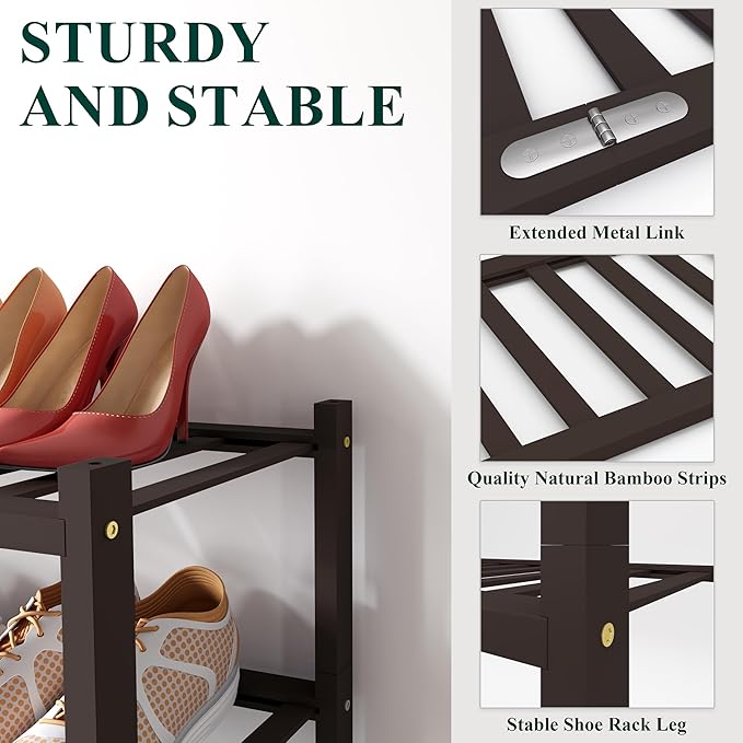 Smiry Shoe Rack, 3 Tier Bamboo Shoe Organizer, Stackable Free Standing Wooden Shoe Storage Shelf for Closet, Entryway, Front Door Entrance, Brown