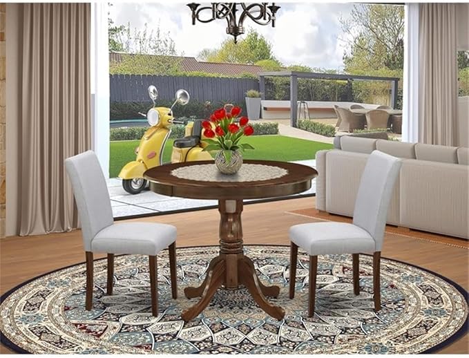 East West Furniture ANAB3-AWA-05 3 Piece Modern Dining Table Set Includes a Round Kitchen Table with Pedestal and 2 Parson Dining Chairs, 36x36 Inch, Antique Walnut