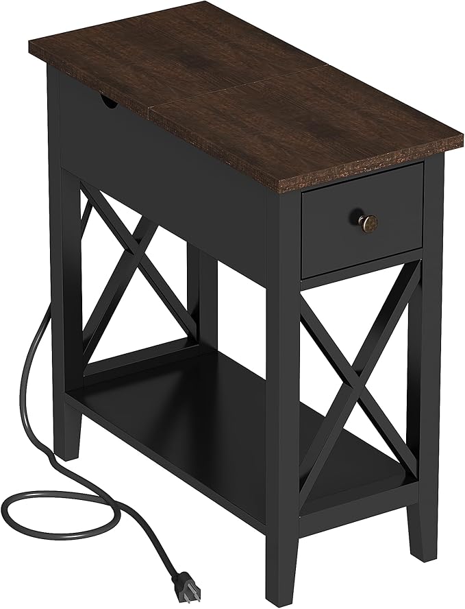 ChooChoo End Table with Charging Station, Accent Small Side Table Nightstand for Living Room, Bedroom, and Small Spaces, Rustic Black