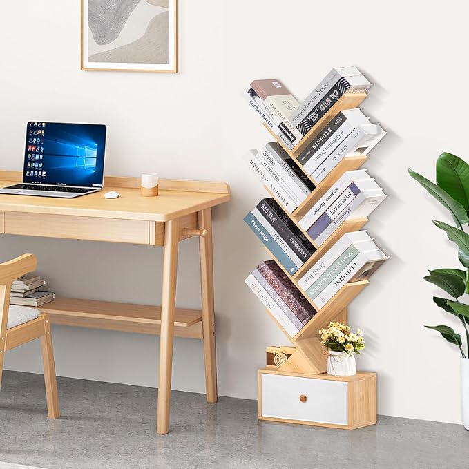 8 Tier Tree Bookshelf with Drawer, Free Standing Wood Bookcase for Narrow Space, Storage Organizer Bookshelves for Books, Book Case for Home Office, Living Room, Bedroom - Natural