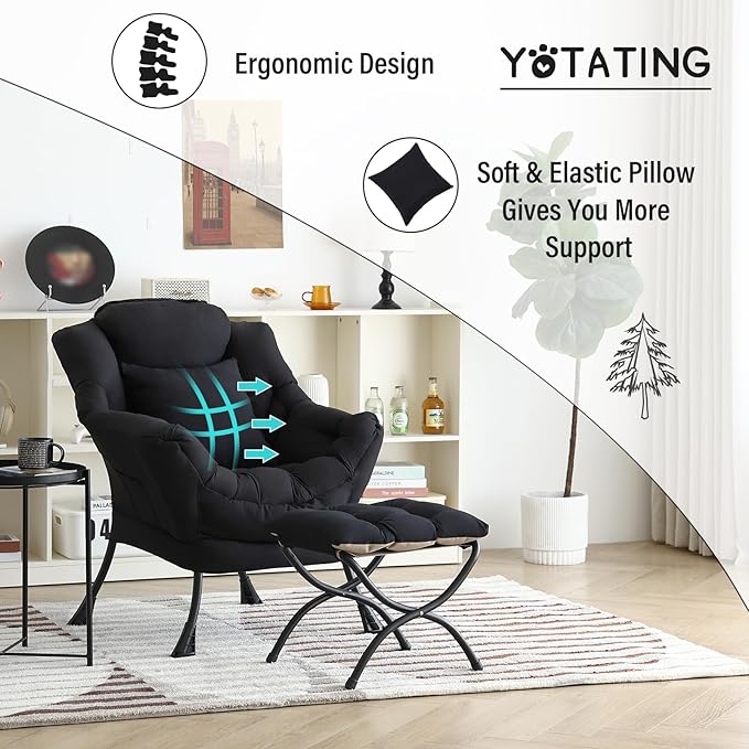 Lazy Chair with Ottoman, Comfy Reading Chair with Footstool & Pillow Modern Lounge Chair with Armrests & Side Pocket for Living Room, Bedroom, Dorm Room，Black