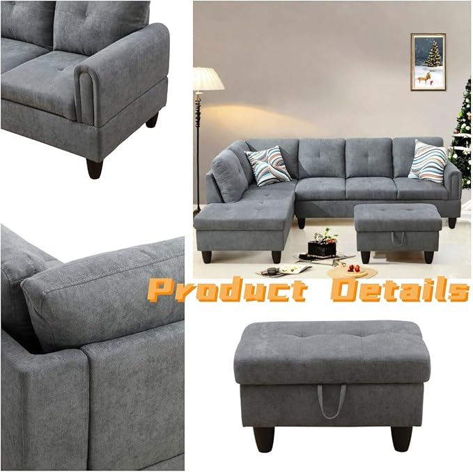 L Shaped Sectional Couch with Otttoman, 97" Sectional Sofa for Living Room Flannel Modular Couches with Cup Holders for Bedroom, Apartments, Grey