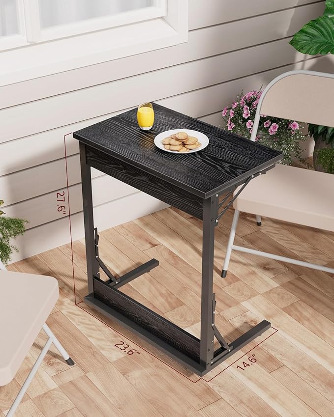 Tatub Folding TV Tray Table Set of 2, 24" Wide C-Shaped End Table for Couches, Small Sofa-Side Laptop Desk with Metal Frame for Living Room, Bedroom, Dark Black