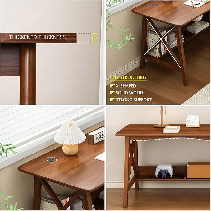 Extra Long Desk with Bookshelf - Wooden Home Office Work Study Table, Writing Computer Workstation with Storage Shelf in Walnut, 55" Wx20 Dx30 H