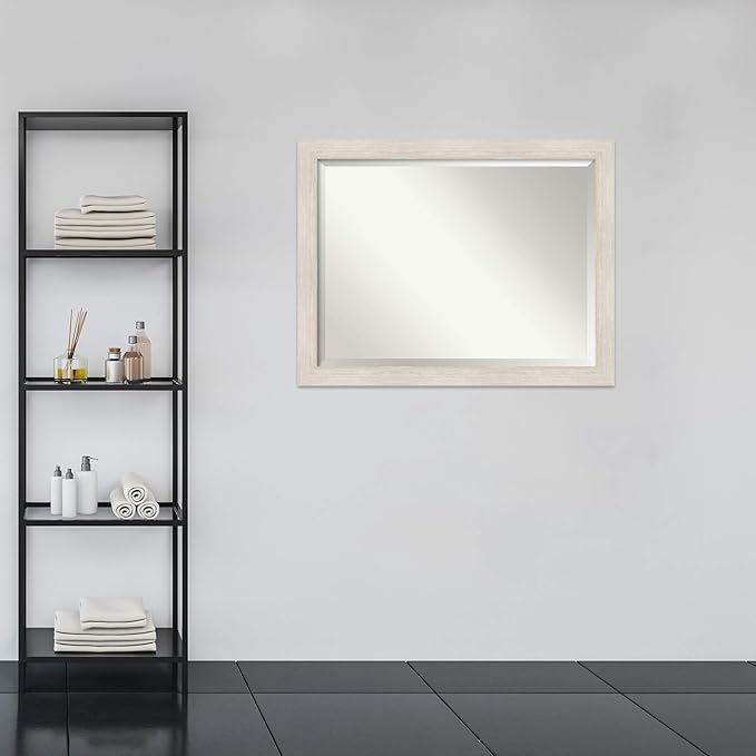 Amanti Art White Bathroom Mirror for Over Sink, 35x45 Hardwood White Wash Rectangle Vanity Mirror, X-Large Rustic Farmhouse Wood Frame, Hangs Horizonally and Vertically, Bathroom Wall Decor, Beveled