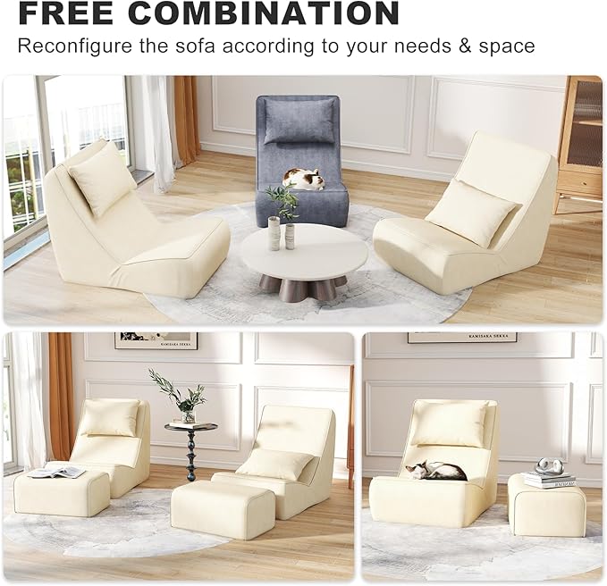Giant Bean Bag Chair for Adults - Indoor Chaise Lounge with Neck Pillow & Ottoman, All-in-One Sponge Design, Comfy Floor Chair for Reading, Gaming, Napping, and Movies (Khaki)