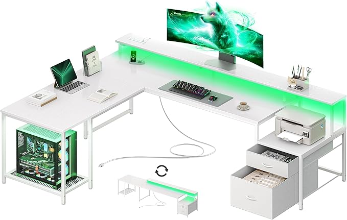 PRAISUN 66 Inch L Shaped Computer Desk with Power Outlets and LED Lights, Home Office Desk with Fabric Drawers and Print Stand, L Shape or Long Set up, Monitor Stand, Mesh CPU Stand, White