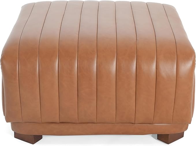 Christopher Knight Home Reyno Upholstered Ottoman with Storage for Living Room, Faux Leather Storage Ottoman Foot Rest with Side Drawers, Modern Square Coffee Table with Wooden Frame, Brown