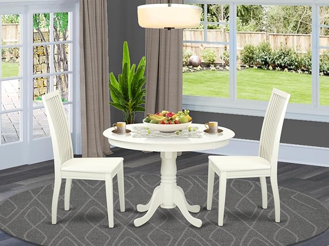 East West Furniture HLIP3-LWH-W 3 Piece Kitchen Table Set for Small Spaces Contains a Round Dining Room Table with Pedestal and 2 Solid Wood Seat Chairs, 42x42 Inch, Linen White