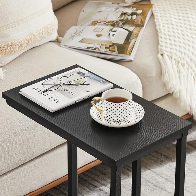 VECELO C Shaped End Side Table for Sofa Couch and Bed Snack TV Tray for Living Room Bedroom, 1 Set, Black