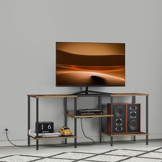 BTY Rustic TV Stand with Storage, 50 inch TV Console Table with Charging Station 3 Tier Small Entertainment Center for Bedroom, Living Room, Brown