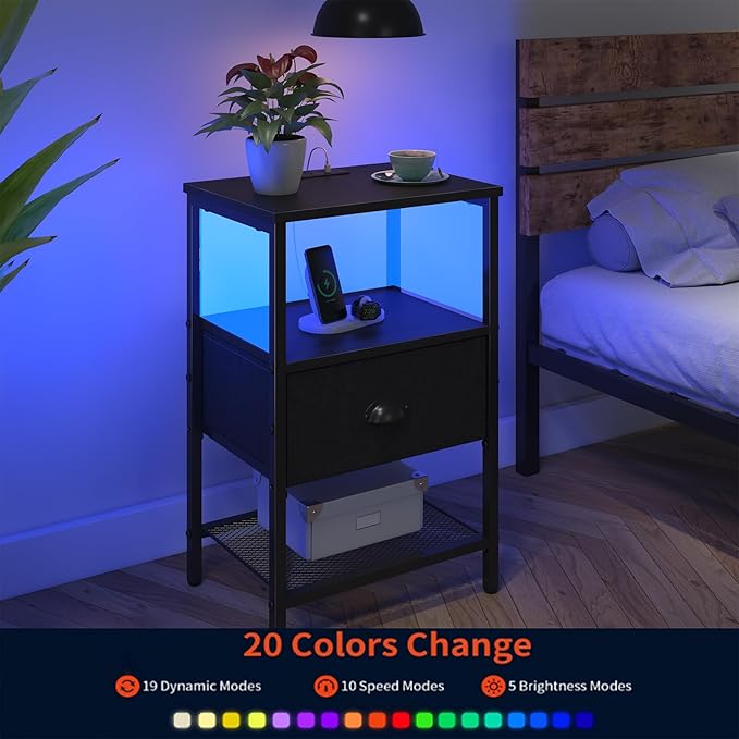 Sthmec Nightstands with Charging Station, LED Bedside Tables with Charging Station and Fabric Drawer, Night Stand with Storage, 3 Tier Side Table with Open Shelf, LED Nightstand Bedside Table,Black