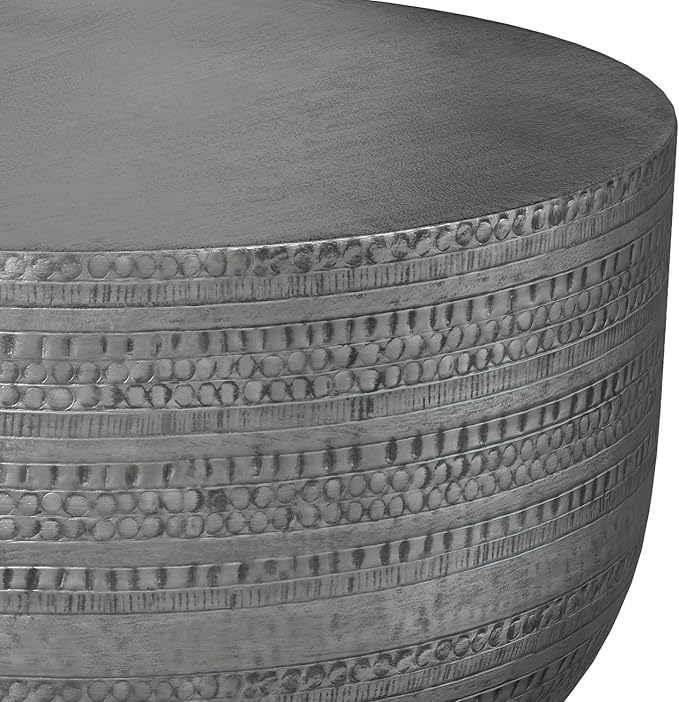SIMPLIHOME Johnsen 30-inch Wide Metal Drum Coffee Table in Antique Silver, Boho-Style Cocktail Table for Living Room or Family Room, Assembled