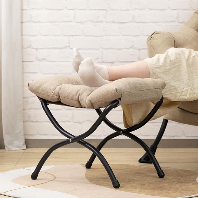 HollyHOME Fabric Lazy Chair with Foldable Ottoman, Accent Comfy Lounge Arm Chair and Folding Footrest Stool Set, Leisure Sofa Reading Chair and Footstool for Living Room, Bedroom, Dorm, Coffee&White