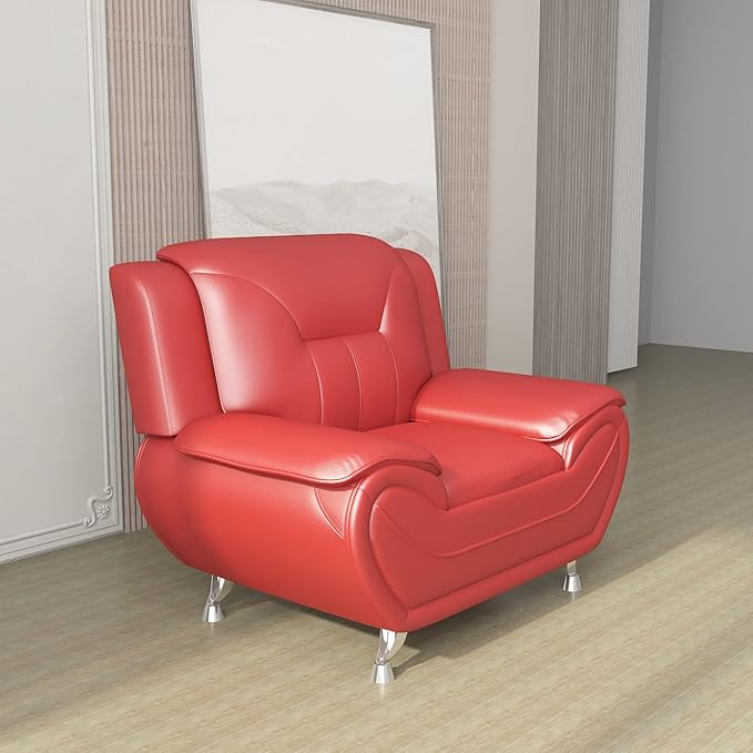 Container Furniture Direct Michael Modern Faux Leather Upholstered Stainless Steel Legs Living Room Sofa, Chair, Red