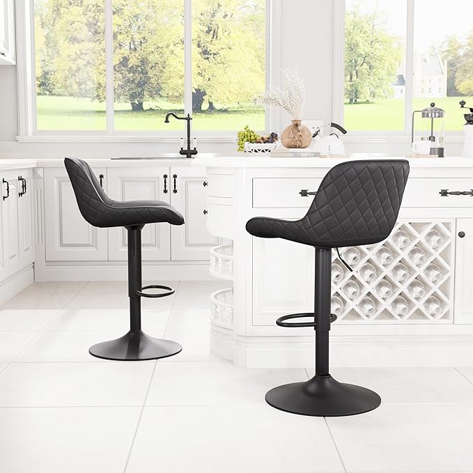 YOUNIKE Black Bar Stools Set of 2 Kitchen Counter Height Barstools Upholstered Swivel Modern Faux Leather Bar Chairs with Backs Adjustable High Breakfast Island Stool with Metal Leg