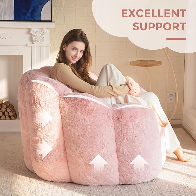 MAXYOYO Bean Bag Chair for Adults, Floral Shaped Bean Bag Sofa, Ultra Soft Faux Fur Floor Sofa, Large Reading Chair for Living Room Bedroom, Pink, Single