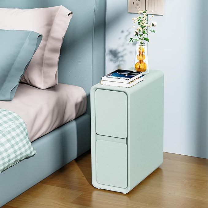 VICITON Modern Narrow Faux Leather Nightstand, Solid Wood Drawer, Storage Accent Table, Small Side End Table for Bedroom (Blue, Narrow)