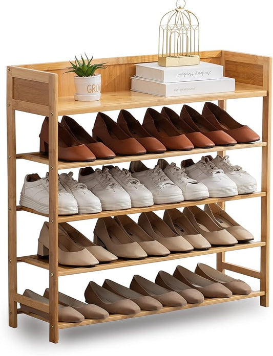 Bamboo Shoe Rack Organizer, 5 Tier Shoe Shelf Storage Organizer, for Entryway, Hallway, and Closet (Nature-31.5)