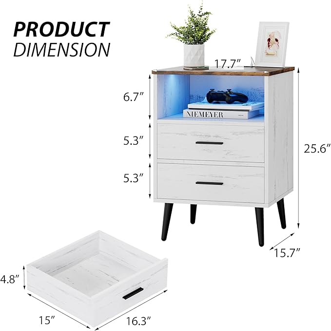 Farmhouse Nightstand with Charging Station and LED Lights, 25.6" H x 17.7" W x 15.7" D Wooden End Table with 2 Drawers, Smart Bedside Table for Dorm, Apartment, Small Space, Antique White