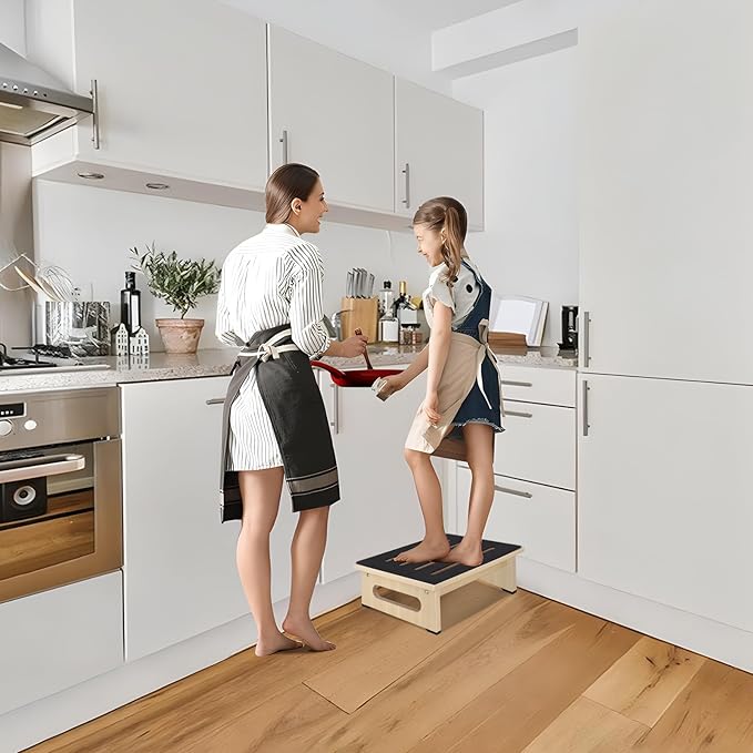 One Step Stool for Adults Seniors with Non-Slip Rubber Step Surface, 5.5" Heavy Duty Wooden Stepping Stools with 450 LBS Capacity for Bedroom Kitchen Bathroom, Bed Steps for High Beds, Bedside Support