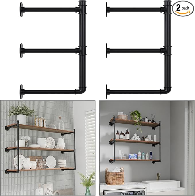 Industrial Pipe Shelf Brackets Wall Mount, Open Black Pipe Shelving for Kitchen,Floating Shelf Brackets Mount,Open Bookshelf Brackets for Shelves,Wall Shelves 12 Inch Deep,(2PcsX3Tier,32" Tall)