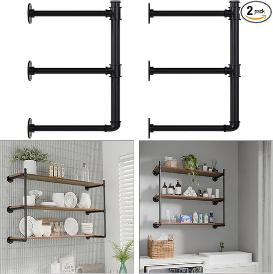 Industrial Pipe Shelf Brackets Wall Mount, Open Black Pipe Shelving for Kitchen,Floating Shelf Brackets Mount,Open Bookshelf Brackets for Shelves,Wall Shelves 12 Inch Deep,(2PcsX3Tier,32" Tall)