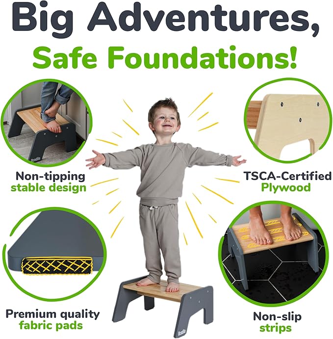 1-Step Wooden Step Stool for Toddlers | Kids Step Stool for Bathroom Sink, Kitchen, and Potty Training | Non-Slip Stool for Toilet Independence | Wooden Step for Children Ages 2+ Varnished