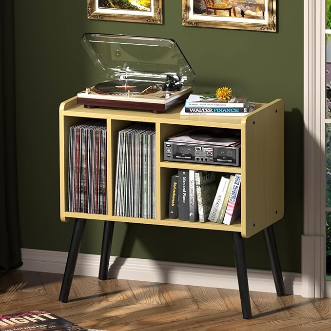 Record Player Table, Mid-Century Record Player Stand with Vinyl Storage Hold Up to 150+ Albums, Vinyl Record Cabinet with Adjustable Shelves, Wood Turntable Stand for Music Living Room (Walnut)