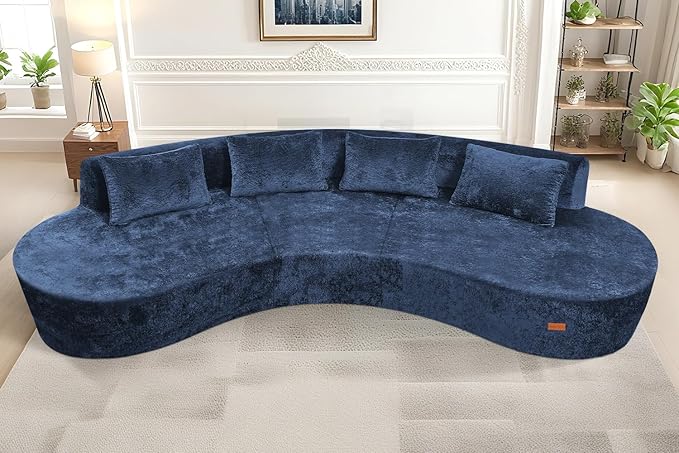 Homguava 130'' Modular Sectional Sofa,Curved Modern Sofa with Memory Foam,Deep Seat Cloud Couch with 4 Pillows,Upholstered Oversized Couches for Living Room Apartment Office,No Assembly Required-Blue