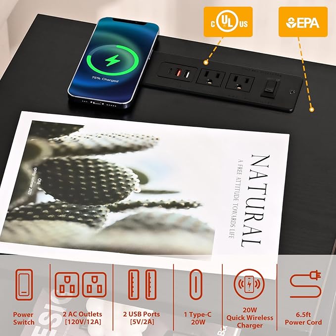 End Table with Wireless Charging Station, Black Side Tables Living Room with Outlet, End Table with Wood Drawer, Night Stand with Storage for Bedroom, Bedside Tables
