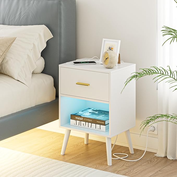 Nightstand with Charging Station and LED Lights, Small Side Table, Bedside Table with Drawer, Modern Night Stand, End Table for Bedroom, Living Room (White)