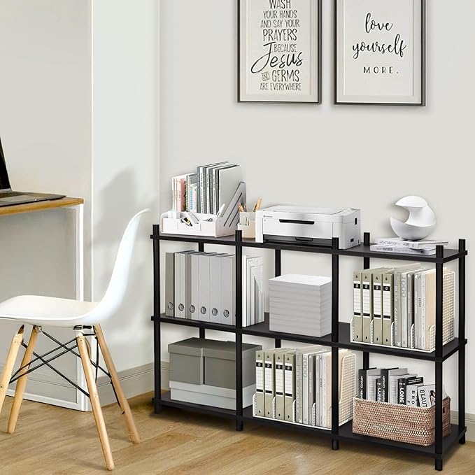 YGYQZ Short Book Shelf - 3 Tier Open Back Long Horizontal Wood Bookcase, 6 Cube Storage Shelf for Office Living Room Bedroom, Modern Black