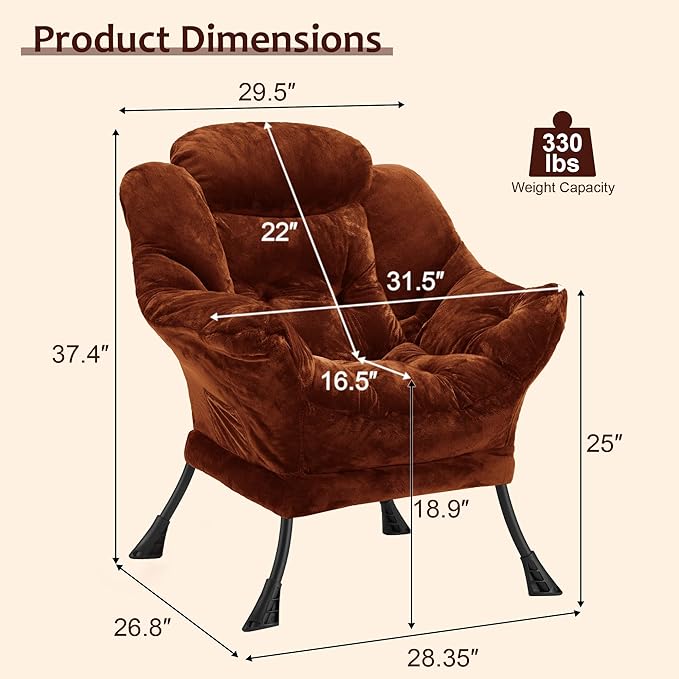 Fabric Lazy Chair for Adults, Oversized Upholstered Sofa Chair, Plush Comfy Lounge Chair with Large Side Storage Pocket, Thick Padded Reading Chair for Living Room, Bedroom, Study Room, Brown
