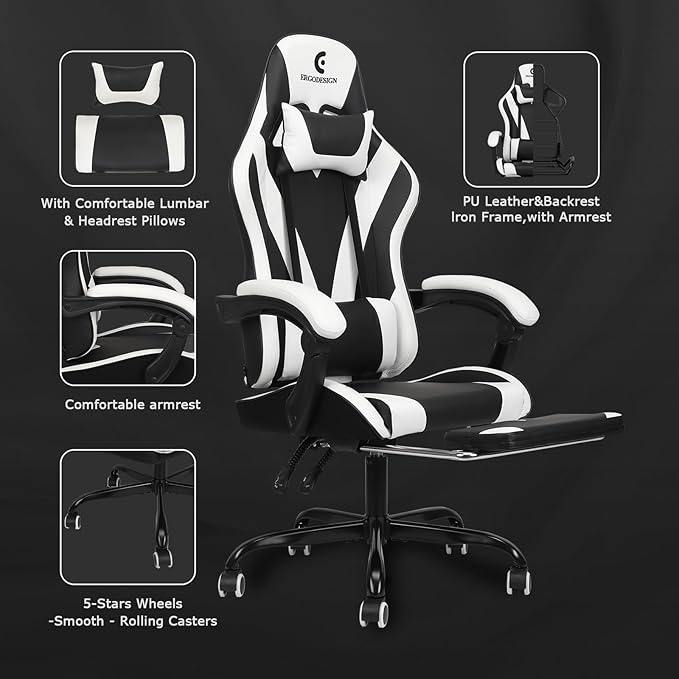 Gaming Chair with Linkage Armrest & Footrest, High Back Video Gaming Chair, Black/White