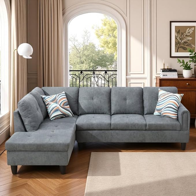 L Shaped Couch Sectional Couches with Chaise, Fluffy Fabric 3 Pieces Modular Convertible Sofa for Living Room Furniture Sets and Small Apartment, Dark Gre