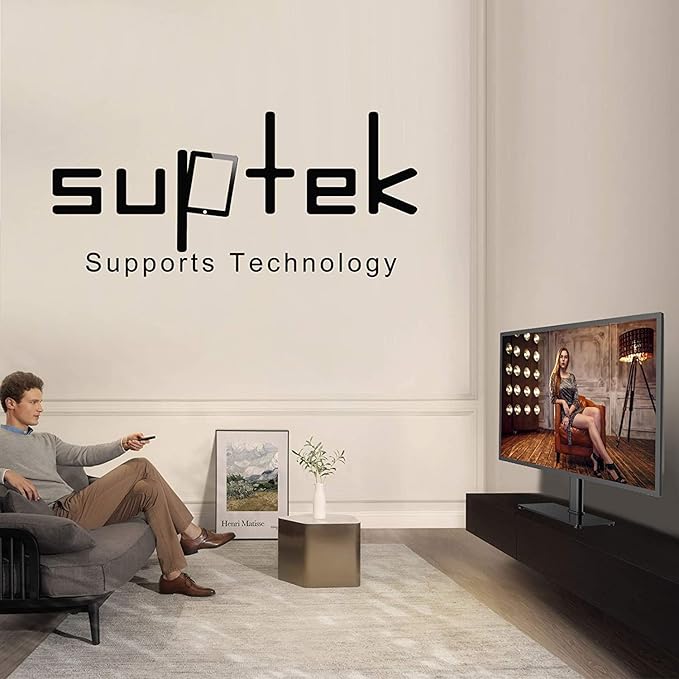 Suptek Universal Table Top TV Stand, Pedestal TV Stand for 17-55 inch Screens, Height Adjustable TV Base Stand with Tempered Glass Base and Wire Management, Holds up to 40kg, VESA 75/400mm, TS001-02