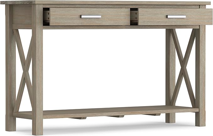SIMPLIHOME Kitchener Console Table - 47 Inch Wide Solid Wood Sofa Table in Distressed Grey, Contemporary Storage Table for Entryway or Living Room with 2 Drawers, Bottom Shelf, and X-Design Sides