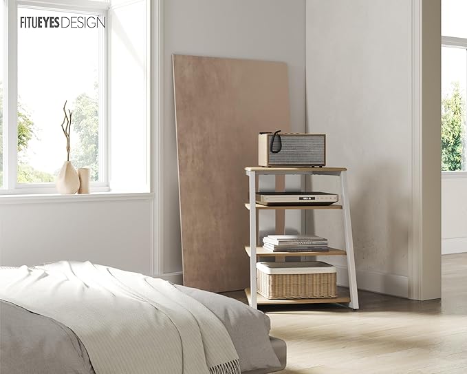 FITUEYES Design 4-Tier AV Media Stand Corner Shelf Stand Wooden Corner Shelves Component Cabinet Stereo Rack Audio Tower with Height Adjustable Wooden Shelves for ps4 (White Oak)