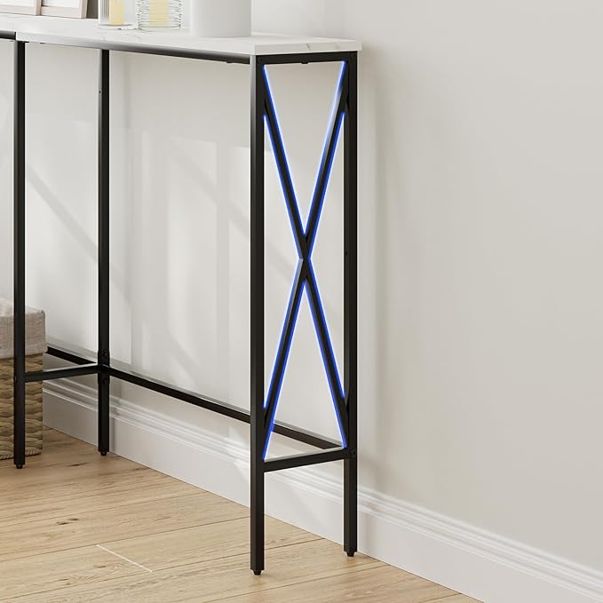 Masupu 70.9" Console Table with Power Outlet, Modern Narrow Long Sofa Table Behind Couch, Skinny Entry Table, Industrial Sofa Table with Metal Frame for Hallway, Living Room, White and Black