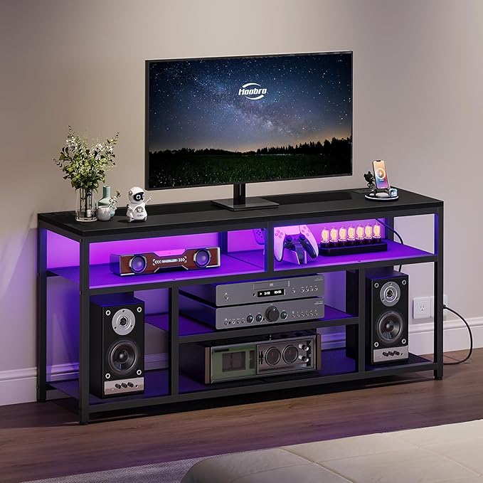 HOOBRO LED TV Stand with Charging Station, 4-Tier Entertainment Gaming Center, Modern Media Console Table, Open Shelves, 55.1"L x 13.8"W x 26.2"H, for TVs up to 65", for Living Room, Black BB47UDDS01