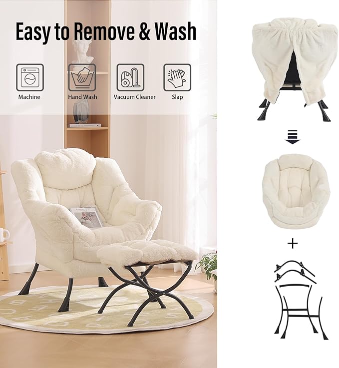 Lazy Chair with Ottoman, Modern Chair with Folding Footrest, Lounge Accent Chair, Comfortable Reading Chair for Bedroom, Study, Living Room, Courtyard (Plush Beige)