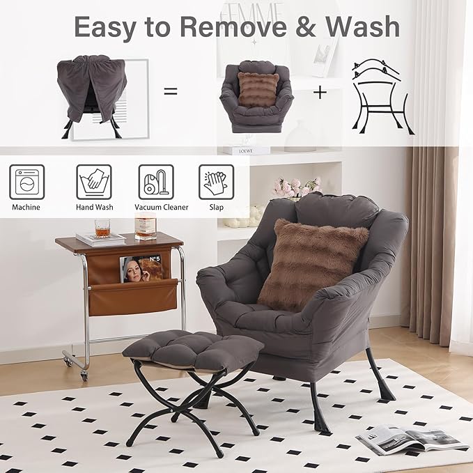 Large Lazy Chair with Ottoman, Accent Reading Chair with a Throw Pillow, Cozy Lounge Chair with Armrest, Leisure Sofa Chair for Living Room, Bedroom, Dorm, Shadow Grey