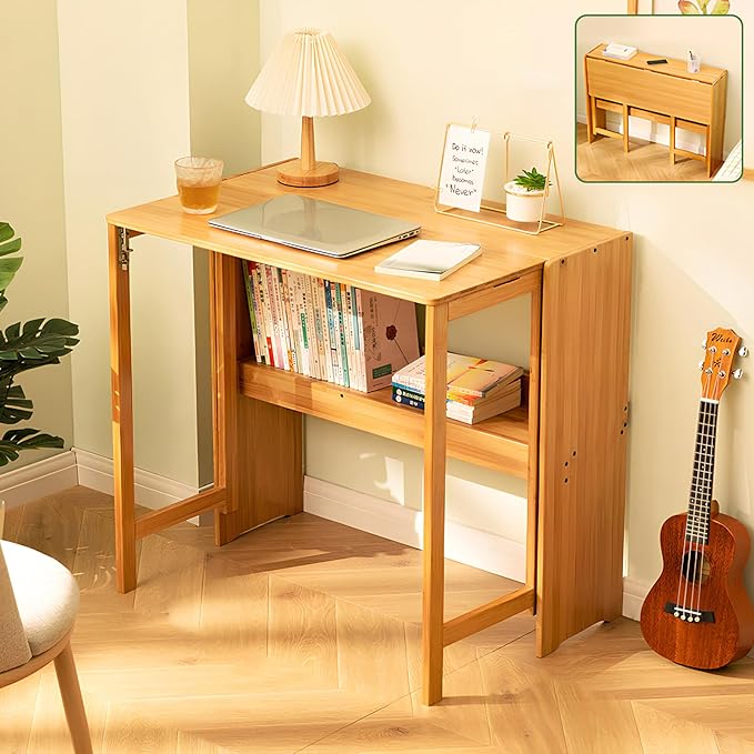 Bamboo Folding Desk Mid Century Modern Desk for Home Office Bedroom Small Spaces，Natural