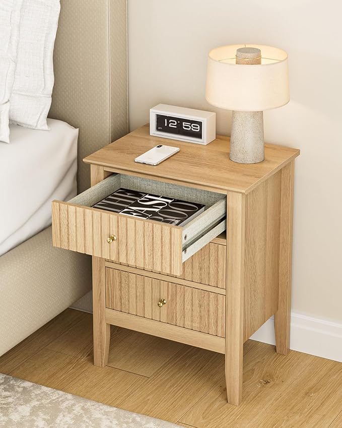 Fluted Nightstand, Farmhouse Night Stand with 3 Drawers, Mid Century Modern Side Accent Table,Bedside End Table for Bedroom, Living Room, Natural