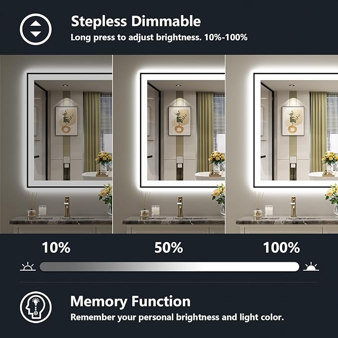 55x40 Inch LED Bathroom Mirror with Lights (Front Lit and Backlit) Black Framed Lighted Vanity Mirror for Bathroom Wall Dimmable Anti-Fog Memory Tempered Glass Horizontal/Vertical