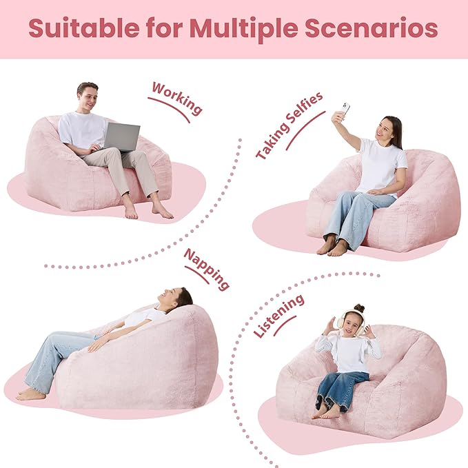 Bean Bag Chairs for Adults, Giant Beanbag Sofa Comfy Reading Chair, Oversized Bean Bag Chairs for Living Room Bedroom, Soft Faux Fur Fabric, 3.2FT, Pink, Plush